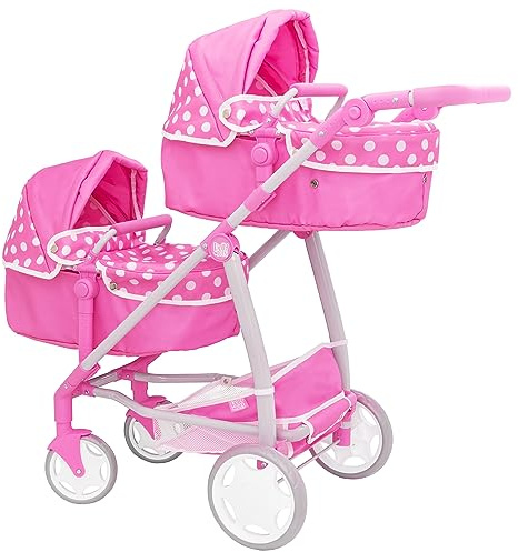 Dolly Tots Cochecito Doble | Cochecito Doble Lunares Rosa | Cochecito Doble para muñecas con manija de Altura Ajustable y múltiples Opciones de Asiento | Apto para Mayores de 3 años.