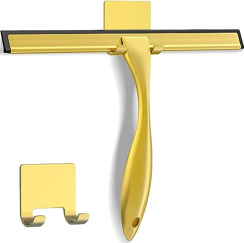 All-Purpose Stainless Steel Shower Squeegee for Shower Doors with Adhesive Hooks, Bathroom Cleaner Tool Household Window Mirror Squeegee for Home Cleaning, Glass Door, Tile Wall, Car, 25.5cm (Gold)