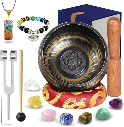 Cuenco tibetano, juego de cuenco tibetano para sonido de meditación, 7 piedras de cristal y tenedores de afinación, pulsera de chakra con collar de chakra para meditación y yoga, curación espiritual,