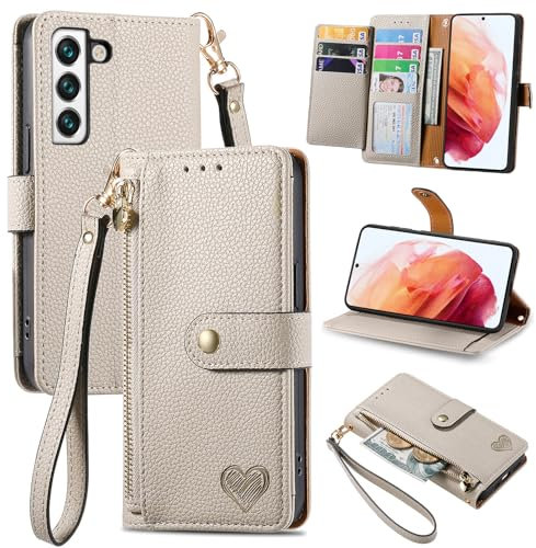 VEEMOS Handyhülle für Samsung Galaxy S21 FE 5G Hülle Klappbar Klapphülle Schutzhülle mit Kartenfach RFID Reißverschluss Handy Tasche Leder Flip Case Cover Handytasche Frauen - Grau