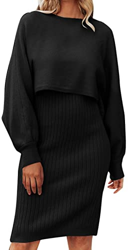 Fulidngzg Strickkleid Damen Herbst Winter 2 Teiler Sweater Kleid Pullikleid Warm mit Pullover Winterkleider Schnitt Grobmaschig Zweiteiler Party Outfit Enges Herbstkleid