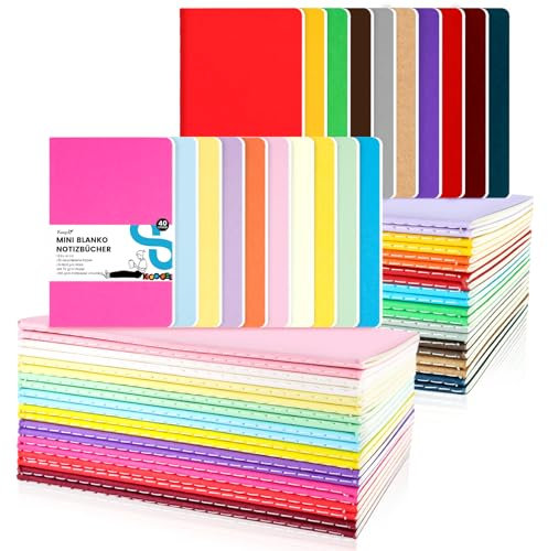 Koogel 40 Stück Kleine Blanko Notizbücher, A6 Notizbuch Journal Tagebuch Notizblöcke Schulhefte 14cm x 9cm Notizbücher mit Kraftpapier-Einband 20 Farben