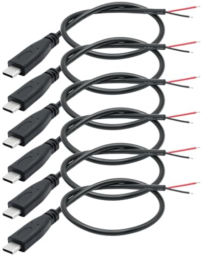 Greluma 6 st 0,25 m Type-C Pigtail-kabel, 2-trådig USB C-förlängningsströmkabel, 22AWG 12V 3A Typ-C hane-kabel, USB-C-kontakt till 2-stifts Bare Wire Open End-kontakt för gör-det-själv
