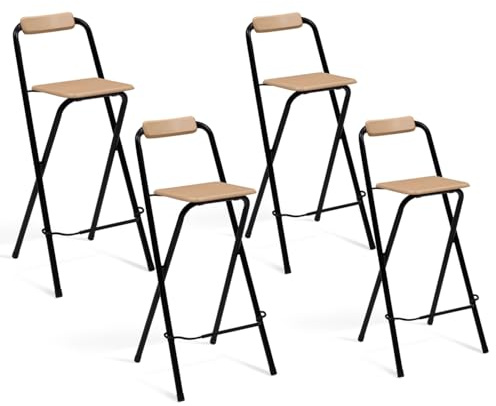IDMarket - Set di 4 sgabelli da bar pieghevoli DETROIT con struttura nera e seduta effetto legno dal design industriale