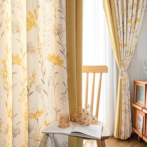 AMDXD Gelb Verdunkelungsvorhänge Kräuselband mit Kräuselband, Blatt und Blumen Muster Vorhang Gardine Fenster Polyester, 132x244CM(BxH)