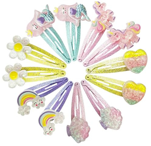 YeaHapiday haarspangen mädchen，6 Paare/12 Pack Haarspangen Mädchen Glitzer Meerjungfrau Regenbogen Einhorn Blumen Haarschmuck für Mädchen, Süße Haarklammer Klein für Geburtstagsfeier Geschenk