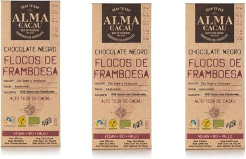 Chocolate 60% con Copos de Frambuesa - Pack de 3 Tabletas de 100 g - Producto Vegano y Paleo - Proveniente de Santo Tomé y Príncipe - Sin Azúcar de Caña ni Aceite de Palma - Repleto de Nutrientes