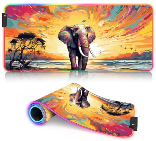HEYCE Tapis de Souris de Jeu ROG avec Clavier et Souris, éléphant coloré, Animal coloré, Tapis de Bureau étendu à LED (60x35x0,3) cm, adapté aux Souris optiques et Laser