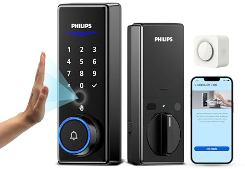 Philips Palm Vein WiFi Smart Lock, 2-in-1 Doorbell+Palm Vein Smart Locks for Front Door, APP Remote Control, Work with Alexa & Google Assistant, Keyless Entry Door Lock, Wireless Chime, Matte Black