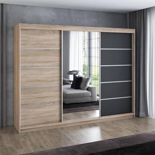 A&J MöbelLand Schwebetürenschrank VILUNO 1 Kleiderschrank 3-türig 200 cm mit Spiegel, 4 Schubladen & 2 Kleiderstangen, Geräumiger Schlafzimmerschrank (Sonoma/schwarz)