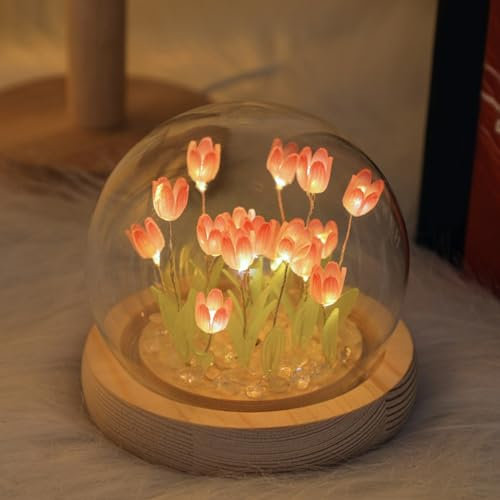 EpheyFIF DIY Tulip Night Light LED Table Lamp for Bedroom Handmade Simulation Tulips in Glass Vase Artificial Flower Lamp Valentines Birthday Gifts for Women Girlfriend Wife Girls