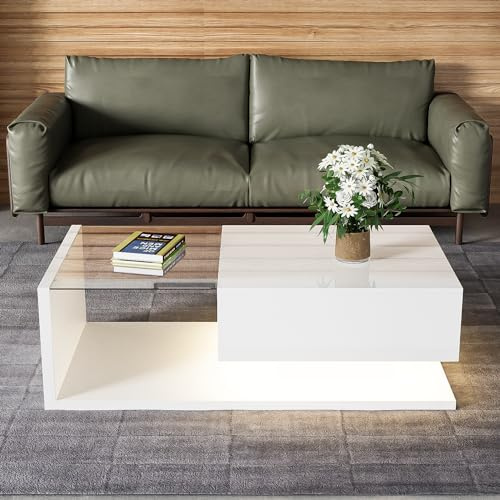 KecDuey mesa de centro blanco brillante y combinación de colores de madera, mesas auxiliares con cristal y efecto LED para salón