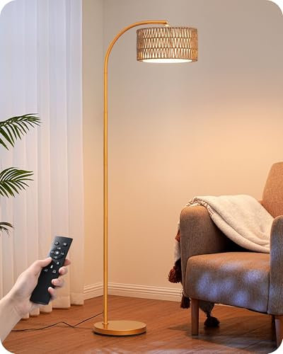 EDISHINE Lampadaire sur Pied Salon, Lampe à Arc avec Abat-jour Double, 2700K-6000K Dimmable en Continu par Télécommande et Pédale, E27 Ampoule LED Fournie, Lampadaire Boho pour Chambre, Doré