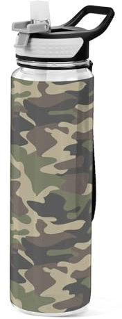Mnsruu Transparente Sport-Wasserflasche mit Strohhalm, auslaufsichere Trinkflasche, Braun, Armee-Camouflage, Fahrradflaschen für Sport, Büro, Schule, BPA-freier Tritan-Kunststoff, 1 Liter