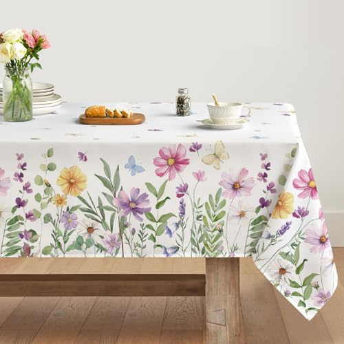 Artoid Mode Rosa Blumen Blätter Schmetterling Frühling Tischdecke 140x220 cm, Saisonnal Sommer Fleckschutz Tischwäsche Küche Dekoration Party Dekor