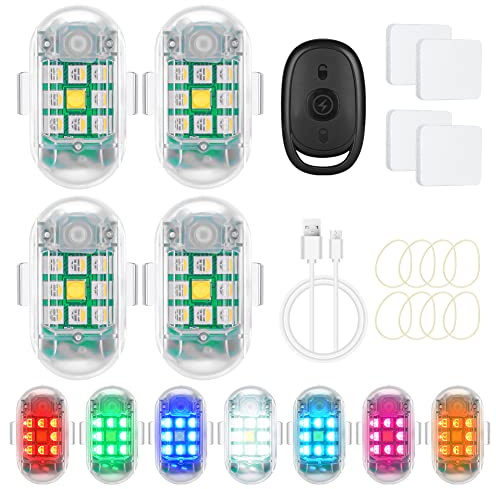 Ainiv Drohne Strobe Light, 4 Stück 7 Farben LED Drohne Nachtlicht Alarm Warnlicht Anti-Kollision USB Aufladen Blitzlichter für Motorrad, RC Auto, RC Boot, Drohne