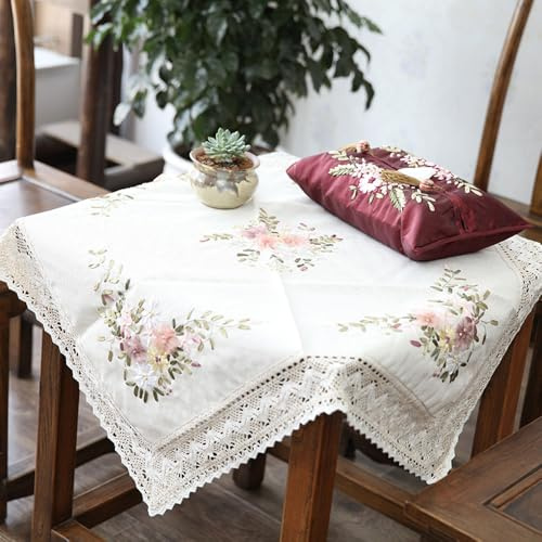 mimzemamz Kit Ricamo Principianti Tovaglia, Set da Ricamo Fiore da Giardino Fai da Te, Fatto a Mano a Punto Croce, Delicato Disegno Di Pizzo Lavorato a Maglia, Kit Di Ricamo con Modello (90 x 90 cm)