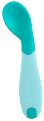 Chicco, Primo Cucchiaio, Cucchiaio Neonato per lo Svezzamento, Piccolo e Leggero, con Forma Angolata e Impugnatura Ergonomica per Imparare a Mangiare in Autonomia, per Bambini 8 Mesi+, Azzurro