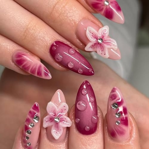 Long Stiletto False Nails, Glossy Pink Marble Floral Press-On Nail Set | Raised Flower Decorations, Silver-Tone Gem-Like And Droplet-Style Details, For Weddings, Parties And Detailed Home Manicures
