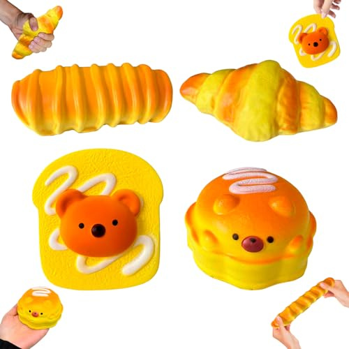 Kleemeiero 4 Stück Squishy Spielzeug Hamburger Simulation Lebensmittel Stressabbau Spielzeug Croissants und Toast Squeeze Toys Antistress Squishy Spielzeug Kawaii Soft Sinnesspielzeug für Kinder