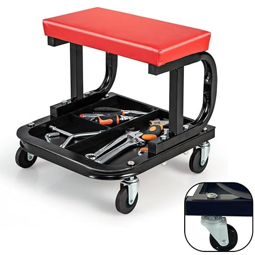 Mechanics Creeper Seat with Padded Cushion & Tool Tray – 150kg Garage Rolling Stool with 360° Swivel Wheels – Workshop Trolley Chair for Car Repairs, Detailing & Maintenance