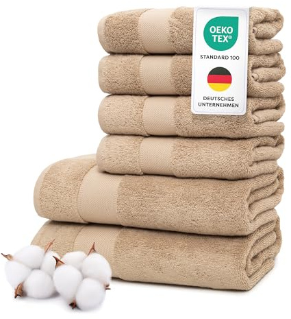 Wolkenfeld Handtücher Set 6-teilig Premium – 100% Low Twist Baumwolle, 550 g/m² – Ultra Weich & Saugfähig, Oeko-TEX Zertifiziert – 4 Handtucher 50x100cm & 2 Badetucher 70x140cm Duschtuch, Beige