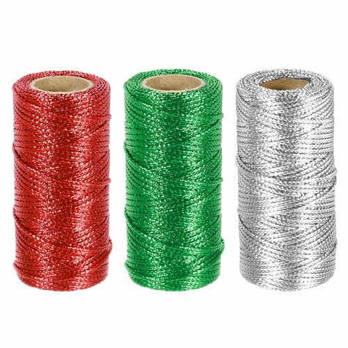 sourcing map 3 Roll 1.5mm Metallic String, 16 Ply Decorative Metallic Bakers Twine Thread Cord Rope for Gift Wrapping DIY Crafts Making Decor, Red/Green/Silver Tone, 164Yards Total