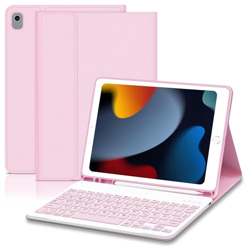 Lielax Tastatur Hülle für iPad 10.2 Zoll (9/8/ 7 Generation - 2021/2020/2019), Deutsches QWERTZ Tastatur Magnetische Wireless Abnehmbare Bluetooth für IPad Air 3, Pro 10.5, Rosa