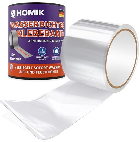 HOMIK Extremt stark transparent vattentät tejp utomhus och inomhus | tätningstejp vattentät 10 cm x 5 m | UV-resistent | Duct Tape | självsvetsande tejp