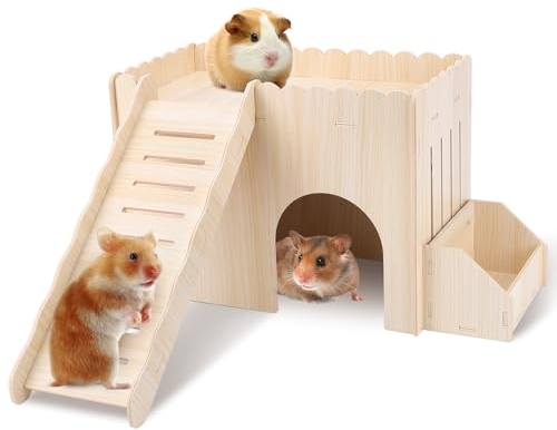 Meerschweinchenversteck Abnehmbares Hamsterhaus mit Futterbecken Höhle Treppe Rampe Holz Meerschweinchenhäuser und Verstecke für Rennmäuse Chinchilla Meerschweinchen Igel Kleintiere Verstecken und