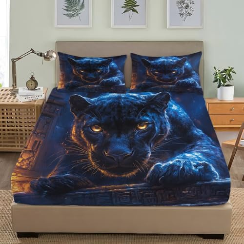 Kinder Bettlaken Set Spannbettlaken 90x200cm Tierischer Leopard 3D Weiches Spannbetttuch Atmungsaktiv Tiefe Tasche 30cm, Blau Bettwäsche für Boxspringbetten mit 2 Kissenbezügen 80x80cm