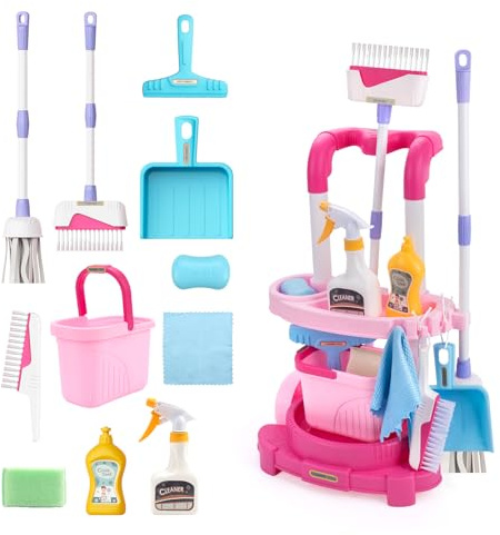 Jenilily Toddler Cleaning Set, Kids Cleaning Carts Toy Set, Detachable Kids Mop Broom Set for Toddlers - Pretend Play Educational Toy (Pink)