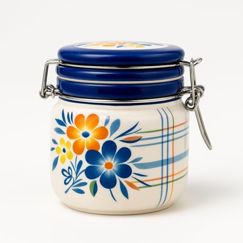 Keramik Aufbewahrungsdose mit Bügelverschluss – Blumendekor in Blau, Orange & Gelb – Aromadicht für Kaffee, Tee, Zucker, Gewürze – 10 cm hoch – Luftdichte Keramikdose für Küche & Vorrat (RL0627)