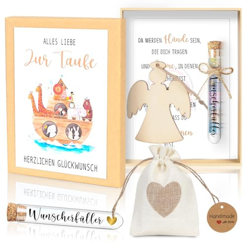 BATHRINS Taufegeschenk Geldgeschenke zur Taufe für Junge Mädchen mit Engel Holzkarte Reagenzglas Jutesäckchen Taufe Geschenk Geld Gutschein Verpackung
