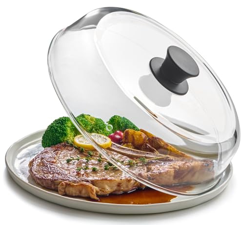 Le'raze 10inch Glass Microwave Splatter Cover for Food - 100% Food Grade BPA & Lead Free - Dishwasher Safe - Cookware & Bakeware Serving Dish Plate Mess Guard Lid with Easy Grip Silicone Handle Knob