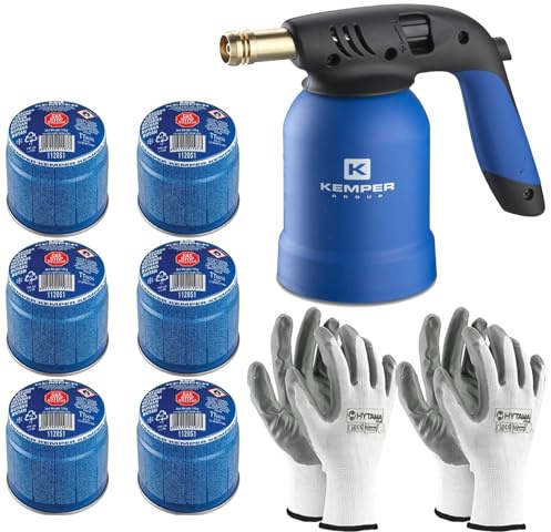 Lampe à souder Kemper + 6 bouteilles de gaz butane sûr + 2 gants offerts | Chalumeau professionnel pour le fait-de-thé, barbecue, désherbage, soudure légère