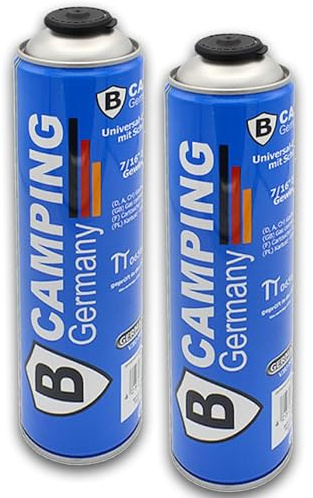 TruWare Just Camp Gaskartusche Butan Universal mit Schraubventil 330g für Gaskocher, Gasbrenner, Campingkocher und Lötgeräte mit 7/16 EU (UNEF) Schraubventil-Anschluss (2 Stück)