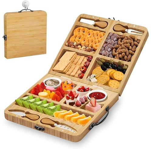 Charcuterie Boards Premium Set de regalo – Bandeja para queso de bambú, tabla de charcuteria con tapa, tabla de queso grande y bandeja de frutas como regalo de cumpleaños