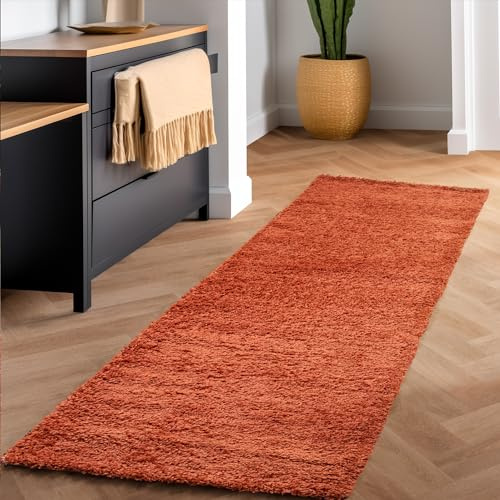 SIMPEX Shaggy Hochflor Teppich, 80x150 cm, Terrakotta, weich, flauschig, modern, einfarbig, Ideal für Flur oder Kinderzimmer, für Wohnzimmer Schlafzimmer Flur