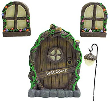 ikasus Landhaus Feen Tür, Miniatur Fee Elf Haustür und Fenster,Hof Und Garten Skulpturen Mystisches Zwergenhaus, LED Tür Fenster Für Bäume, Hofkunst, Gartenskulptur,Dekoration