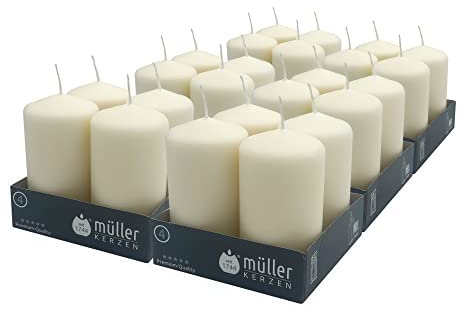 Müller Stumpenkerzen - Creme/Elfenbein - 24 Stück - Ø 48 · 90 cm - Brenndauer 16 Stunden - Duftfrei - Deko, Kerzen für Haushalt, Feiern und Gastronomie