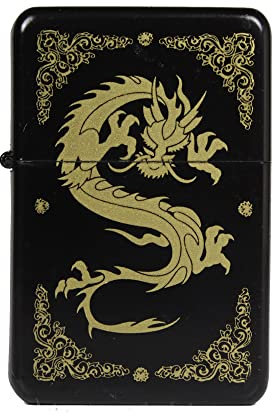 Mechero de Gasolina Estilo Americano, de Metal - Resistente al Viento, para Exteriores, Camping, diseño de Colores, Serie A (Diseño 01 – Negro Golden Dragon)
