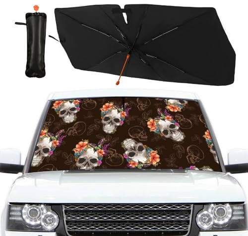 Edeeil Gorgeous Skeleton Flowers Car Umbrella Sun Shade Cover Punk Skull Foldable Car Windshield Sun Shade Umbrella Block UV Rays Heat Keep Vehicle Cool for Cars SUV Trucks 57x30 | Adjustable Opening,Block UV Rays Heat Keep Vehicle Cool,Original Brown Skeleton Flowers Print,Compact,Light for Storage