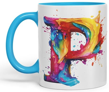 Vixar Letter P Mug, Alphabet Letter P Monogram Watercolour Ceramic Coloured Mug Cup for Tea Coffee Hot Brew 330ml 11Oz Gift (L Blue)