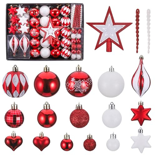 Zocipro 82 Stück Weihnachtskugeln Rot Weiß, Christbaumschmuck, 6cm/4cm/3cm Christbaumkugeln Kunststoff Set mit Weihnachtsbaumspitze Stern Weihnachtsbaum Topper,Weihnachtsbaum Deko für Weihnachtsfeier