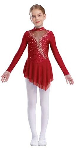 inlzdz Vestido Patinaje Artistico Niña Maillot De Ballet Danza Manga Larga Vestido con Lentejuelas Disfraz De Bailarina Competición borgoña 11-12 años