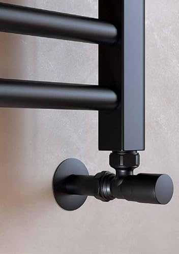 Termoarredo in nero opaco completo di valvola e detentore, testa termostatica e adattatore per tubo multistaro 16x2 mm, mensole per fisaggio a muro tutto in nero opaco (1703 x 600)