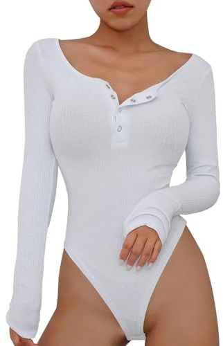 XFSRG Body de Mujer Manga larga con Cuello en Botón Elegante y Sexy Mono de Color Sólido Clásico Suave y Cálido(Blanco-M)