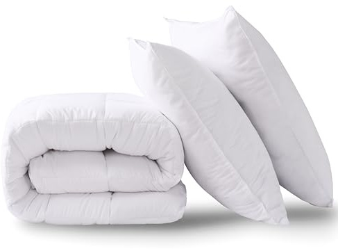 HIG Couette 4 Saisons 155x220 cm avec 2 Oreillers – Tempérée 250 GSM en Microfibre Douce, Lavable en Machine, Certifiée Oeko-TEX – pour lit de 2 Personnes (Blanc)