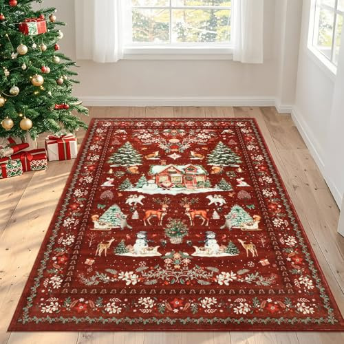 Geanup Teppich Wohnzimmer 120x180cm, Waschbar rutschfest Küchenteppich, Rot Schneemann Baum Weicher Kurzflor Teppiche für Schlafzimmer Küche Esszimmer Kinderzimmer